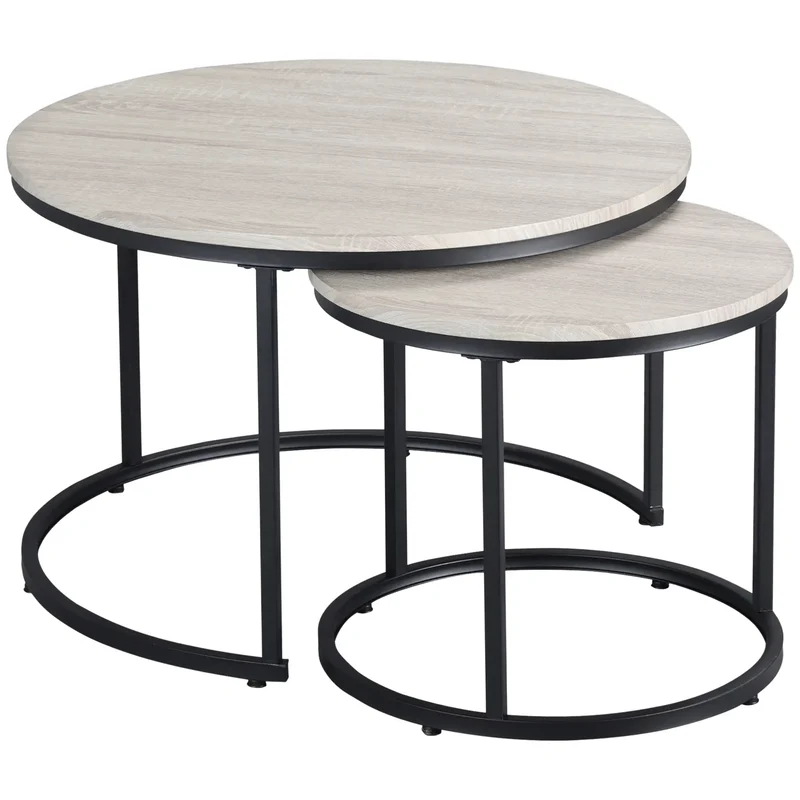Nesting Coffee Tables Set of 2, Round, Metal Frame, Wood Grain, Grey