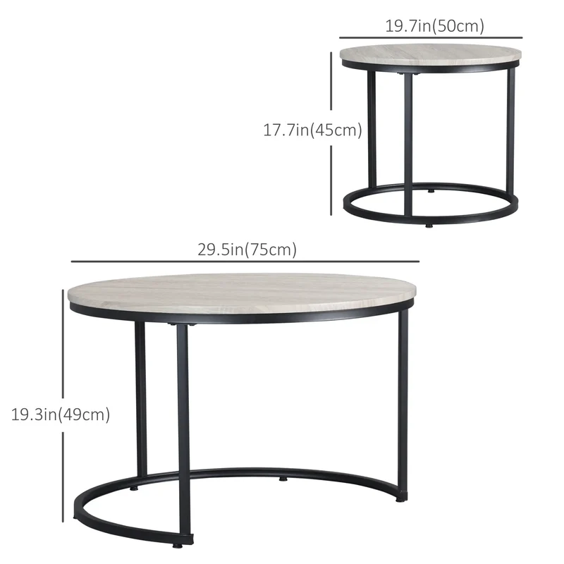 Nesting Coffee Tables Set of 2, Round, Metal Frame, Wood Grain, Grey