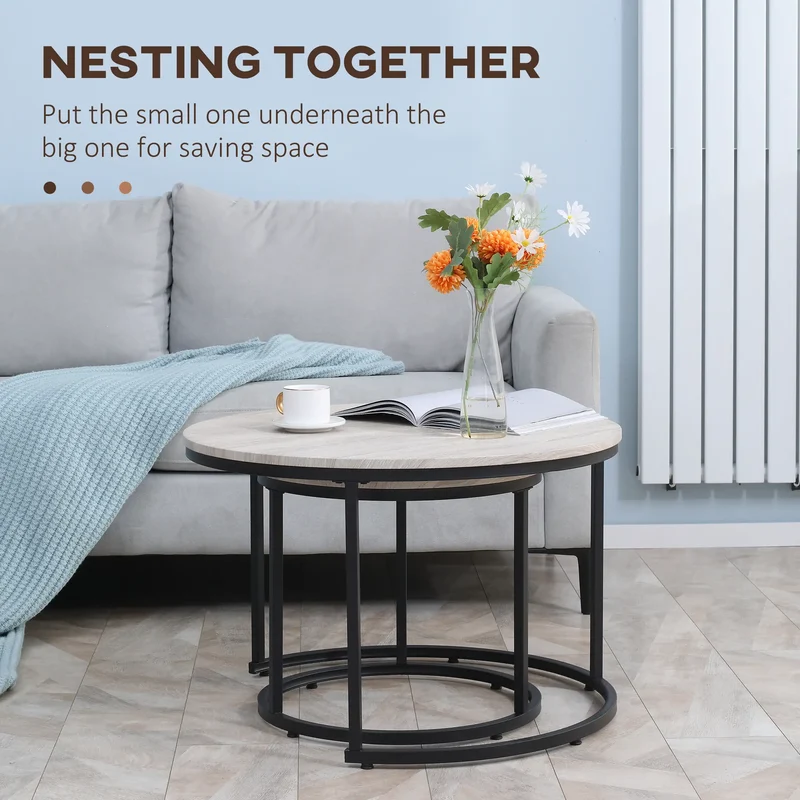 Nesting Coffee Tables Set of 2, Round, Metal Frame, Wood Grain, Grey