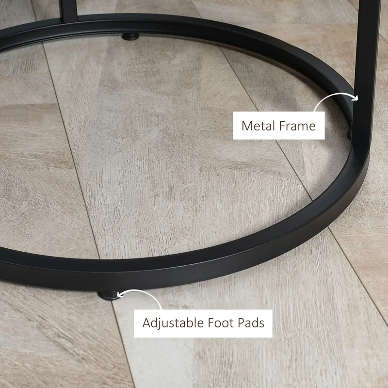 Nesting Coffee Tables Set of 2, Round, Metal Frame, Wood Grain, Grey