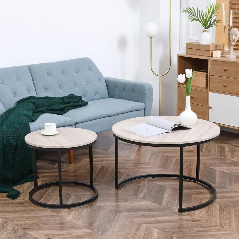 Nesting Coffee Tables Set of 2, Round, Metal Frame, Wood Grain, Grey