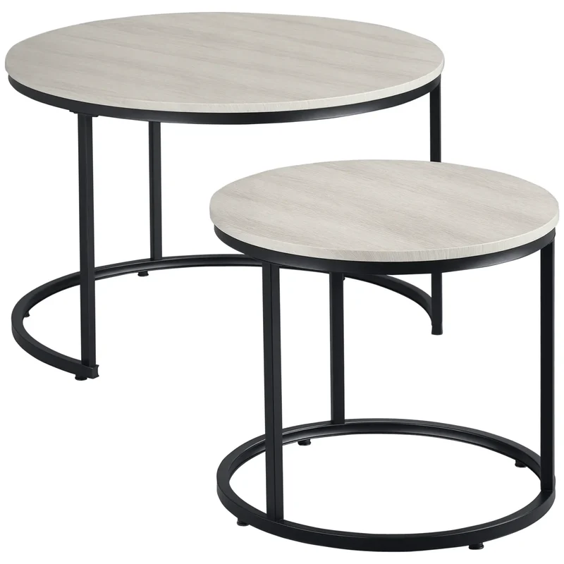 Nesting Coffee Tables Set of 2, Round, Metal Frame, Wood Grain, Grey