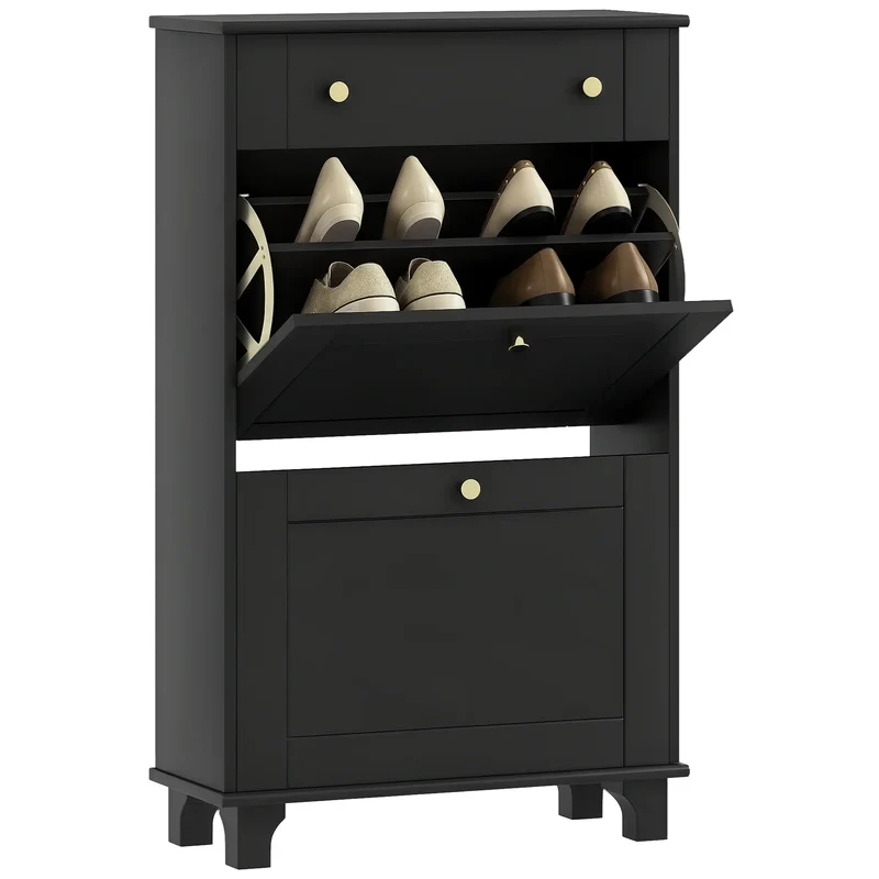 Slim Shoe Storage, 2 Flip Drawers, Adjustable Shelves, 8 Pair, Black