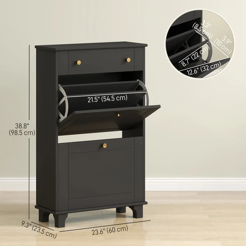 Slim Shoe Storage, 2 Flip Drawers, Adjustable Shelves, 8 Pair, Black
