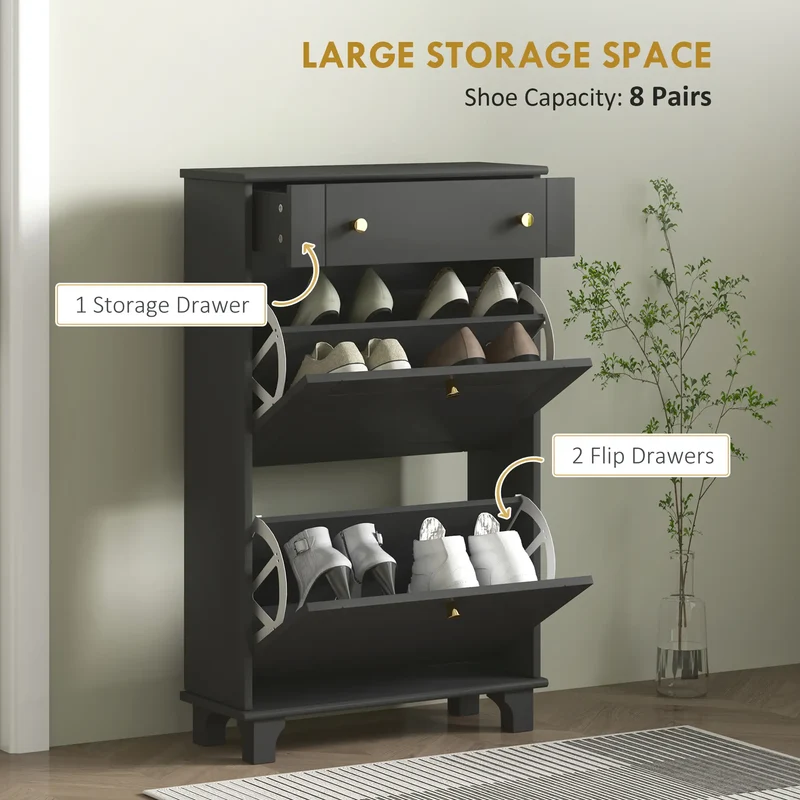 Slim Shoe Storage, 2 Flip Drawers, Adjustable Shelves, 8 Pair, Black