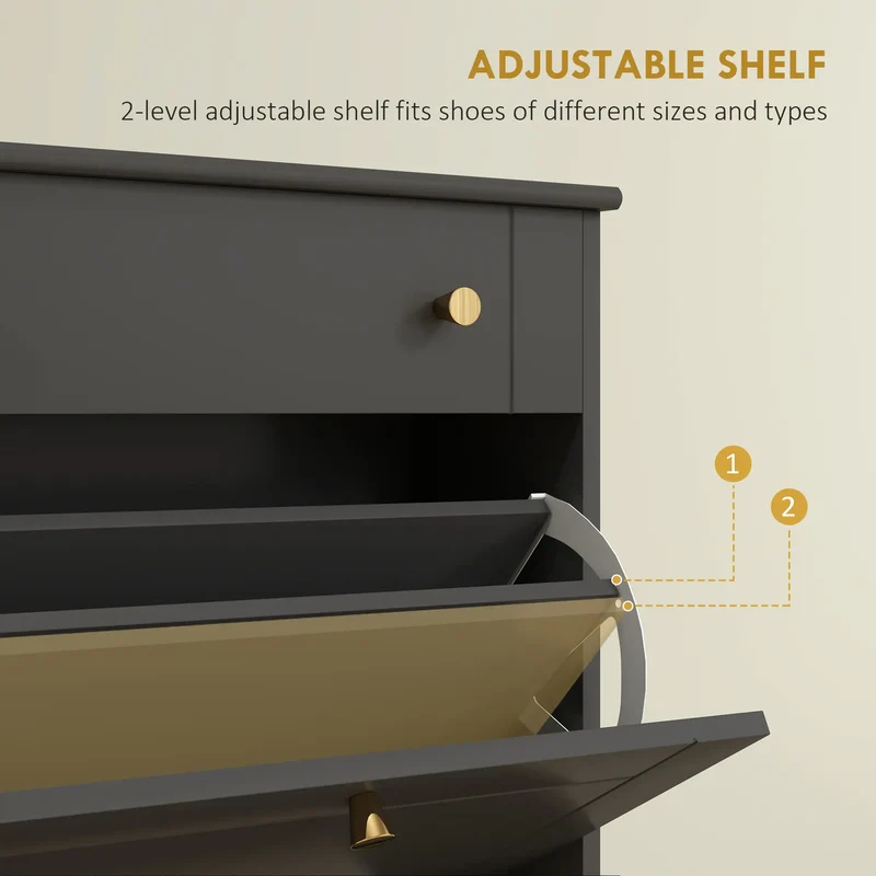 Slim Shoe Storage, 2 Flip Drawers, Adjustable Shelves, 8 Pair, Black