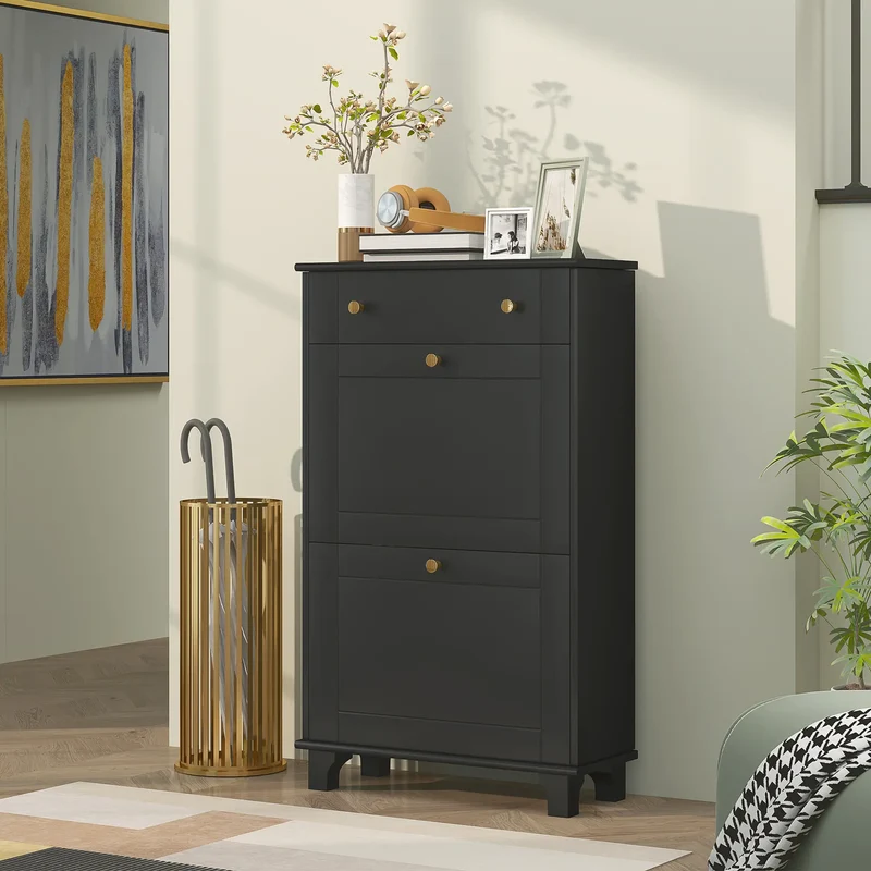Slim Shoe Storage, 2 Flip Drawers, Adjustable Shelves, 8 Pair, Black