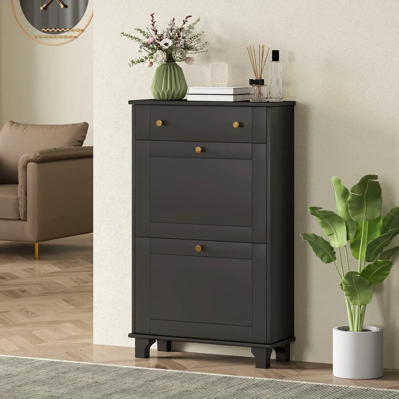 Slim Shoe Storage, 2 Flip Drawers, Adjustable Shelves, 8 Pair, Black