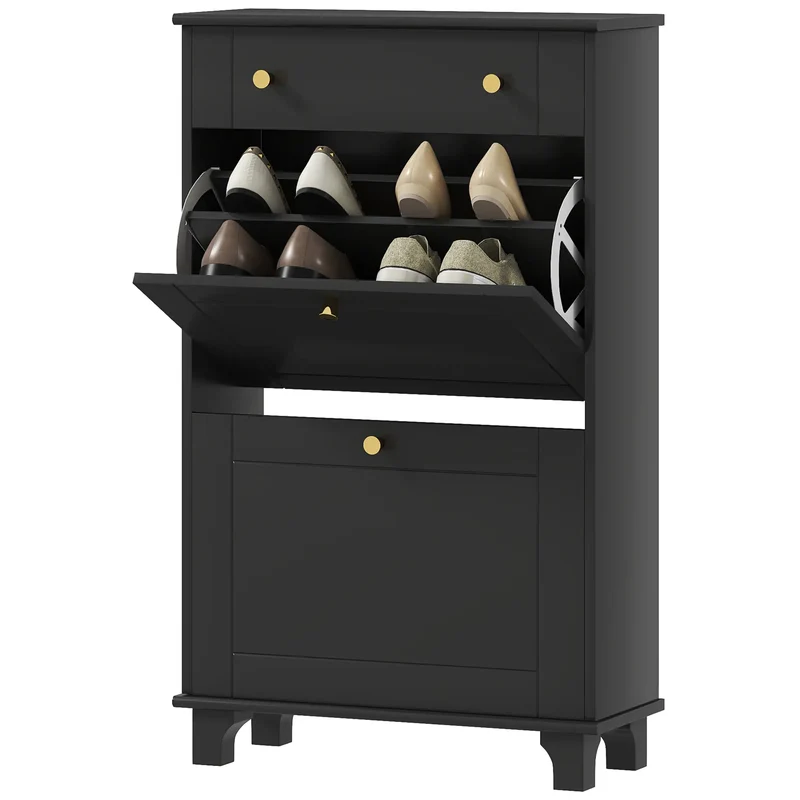 Slim Shoe Storage, 2 Flip Drawers, Adjustable Shelves, 8 Pair, Black