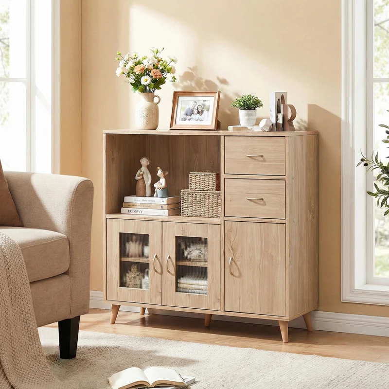 36 Inch Sideboard Buffet Cabinet, Open Compartment, Natural