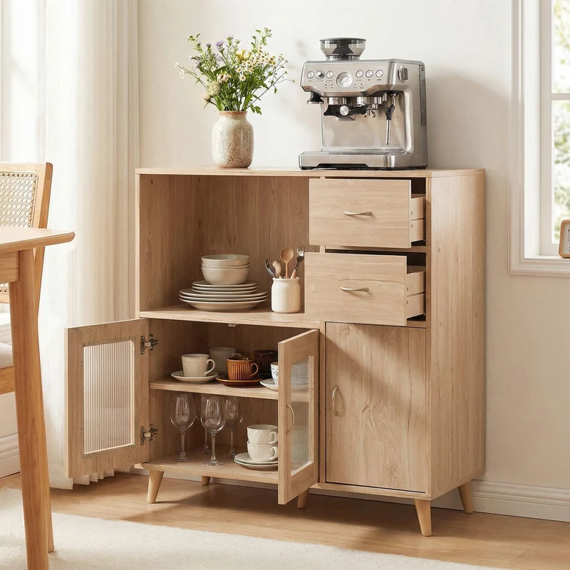 36 Inch Sideboard Buffet Cabinet, Open Compartment, Natural