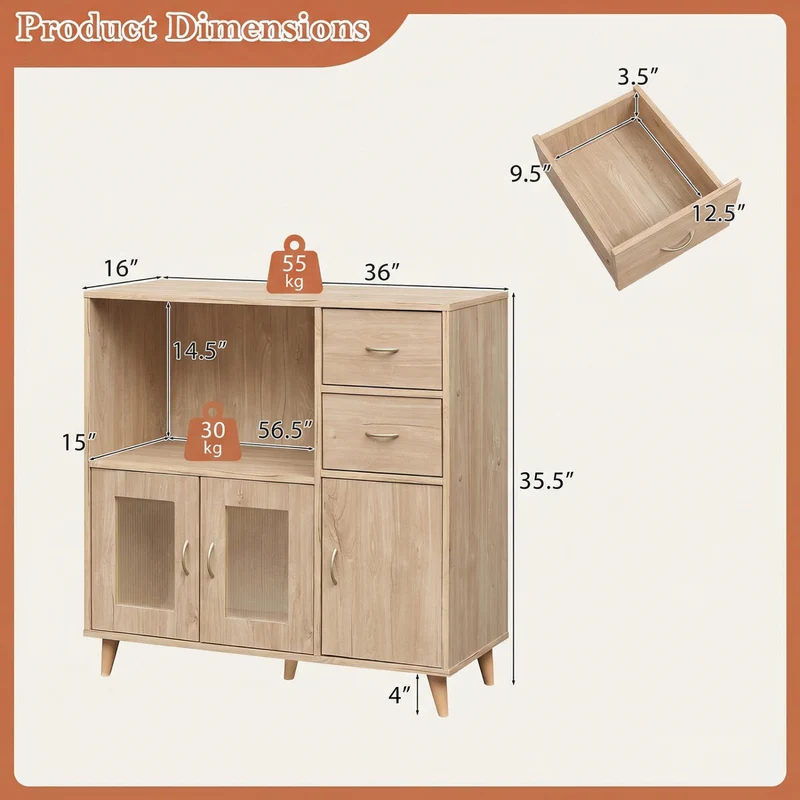36 Inch Sideboard Buffet Cabinet, Open Compartment, Natural