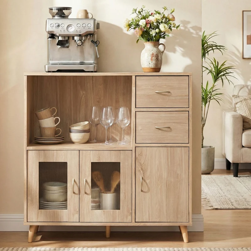 36 Inch Sideboard Buffet Cabinet, Open Compartment, Natural