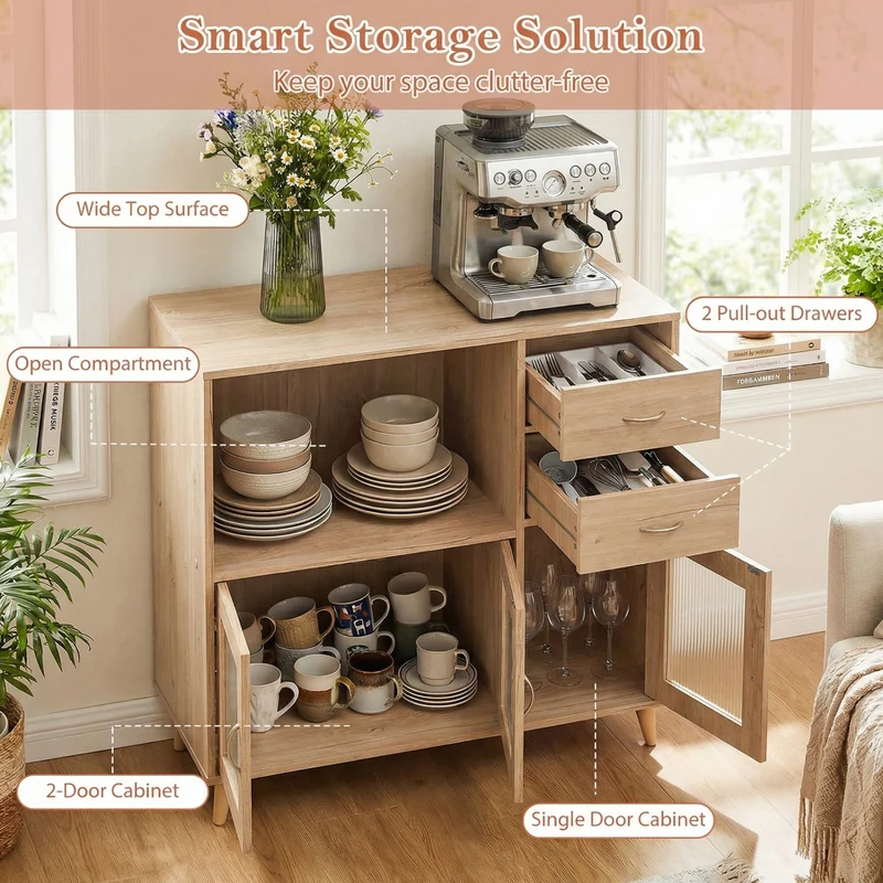 36 Inch Sideboard Buffet Cabinet, Open Compartment, Natural