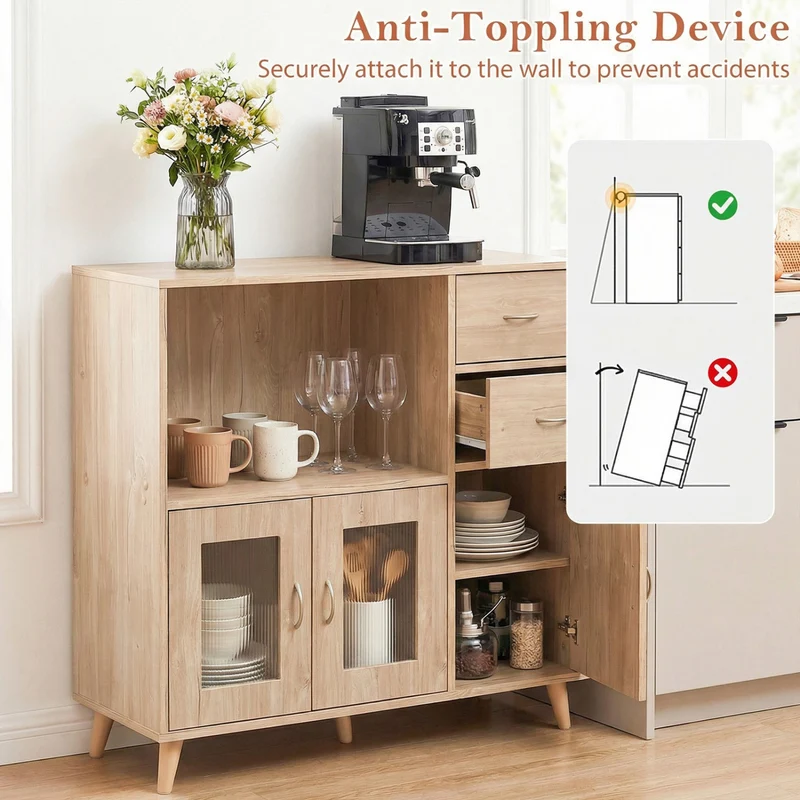 36 Inch Sideboard Buffet Cabinet, Open Compartment, Natural