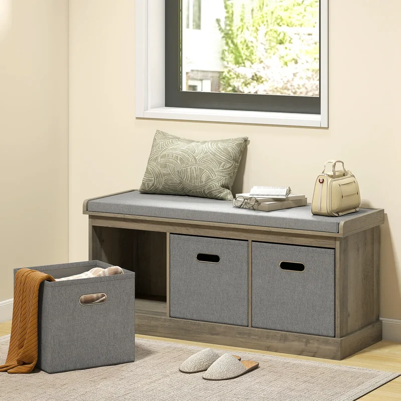 Shoe Storage Bench with Seat, 3 Fabric Drawers, Washed Grey