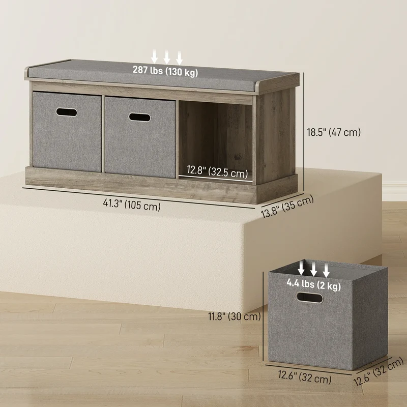 Shoe Storage Bench with Seat, 3 Fabric Drawers, Washed Grey