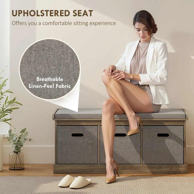 Shoe Storage Bench with Seat, 3 Fabric Drawers, Washed Grey