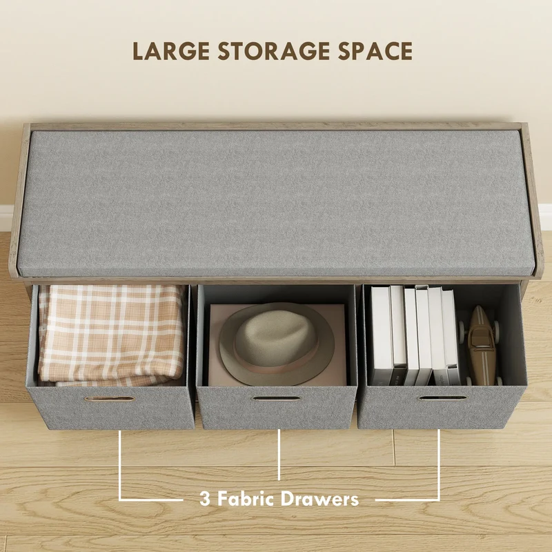 Shoe Storage Bench with Seat, 3 Fabric Drawers, Washed Grey