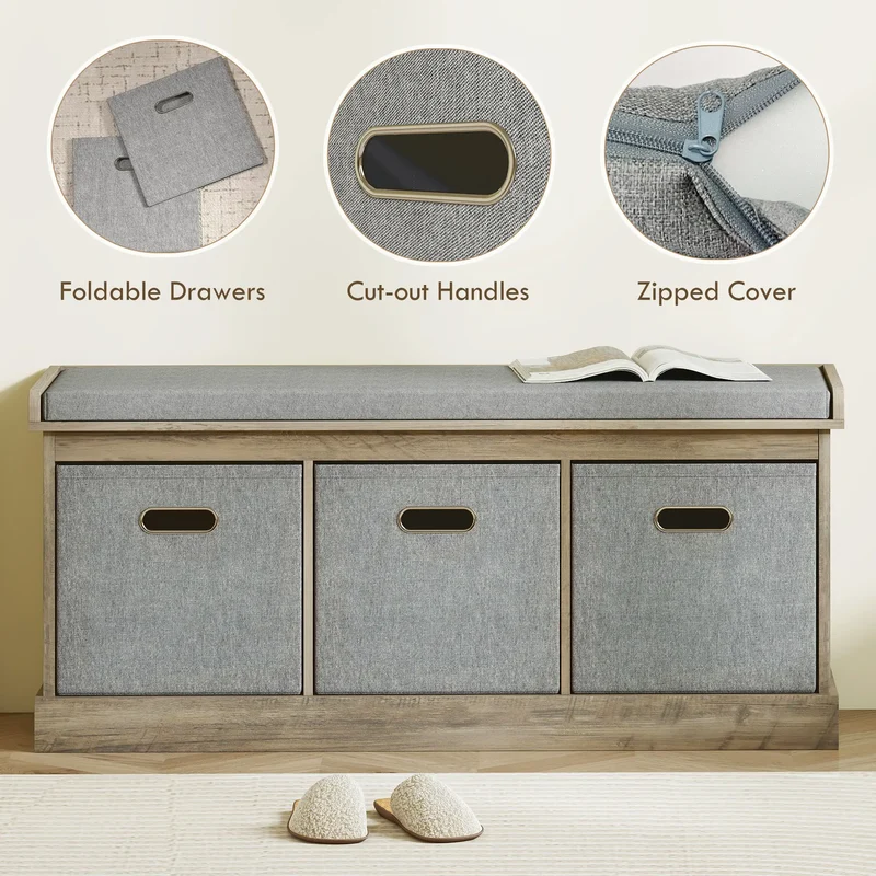 Shoe Storage Bench with Seat, 3 Fabric Drawers, Washed Grey