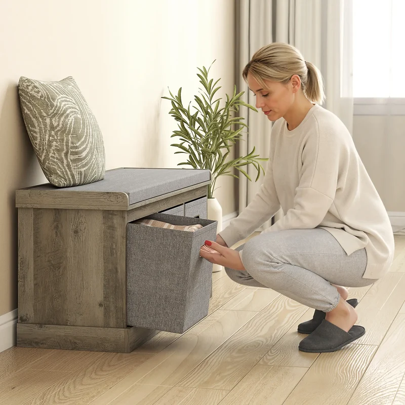 Shoe Storage Bench with Seat, 3 Fabric Drawers, Washed Grey