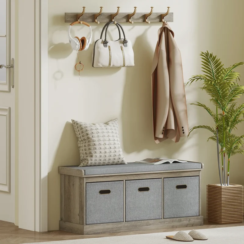 Shoe Storage Bench with Seat, 3 Fabric Drawers, Washed Grey