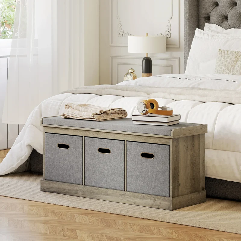 Shoe Storage Bench with Seat, 3 Fabric Drawers, Washed Grey