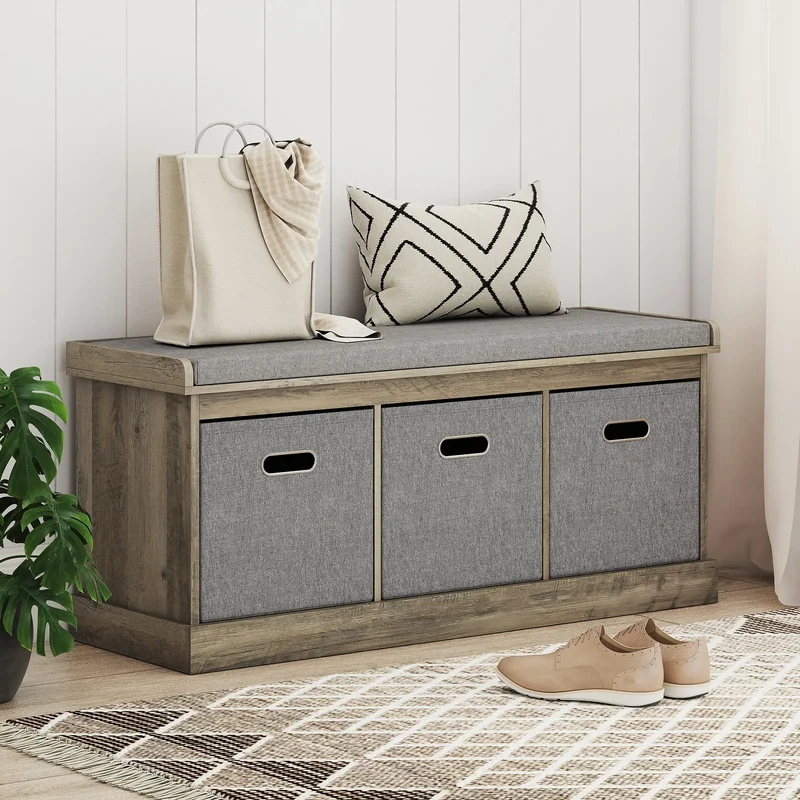 Shoe Storage Bench with Seat, 3 Fabric Drawers, Washed Grey