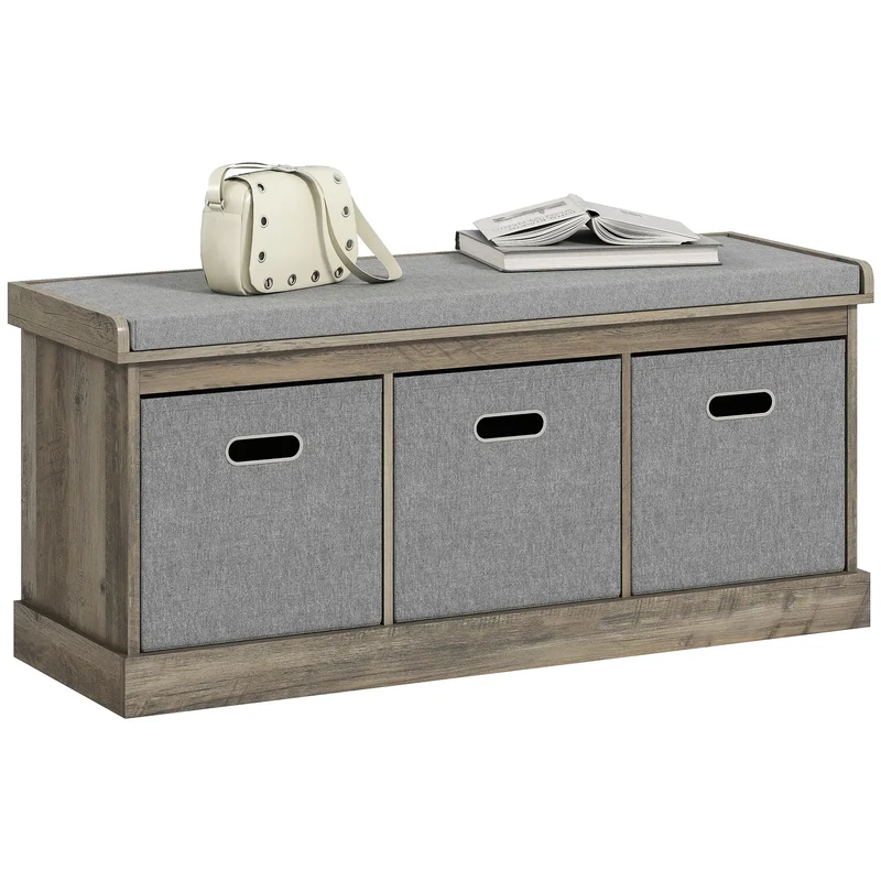 Shoe Storage Bench with Seat, 3 Fabric Drawers, Washed Grey