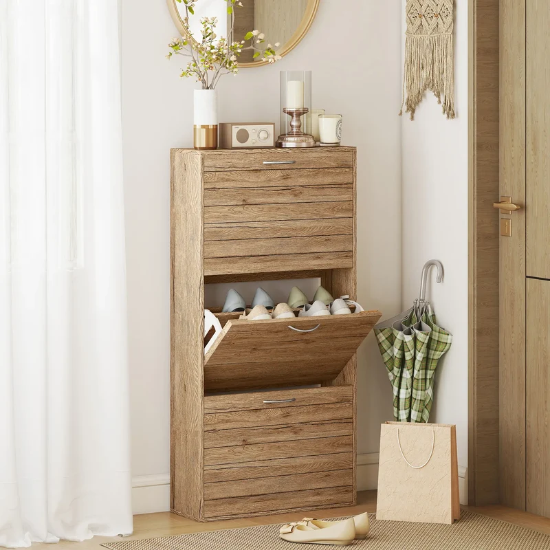 Shoe Storage Cabinet, 3 Flip Drawers, 12 Pair Organizer, Oak