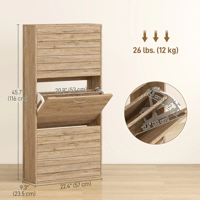 Shoe Storage Cabinet, 3 Flip Drawers, 12 Pair Organizer, Oak