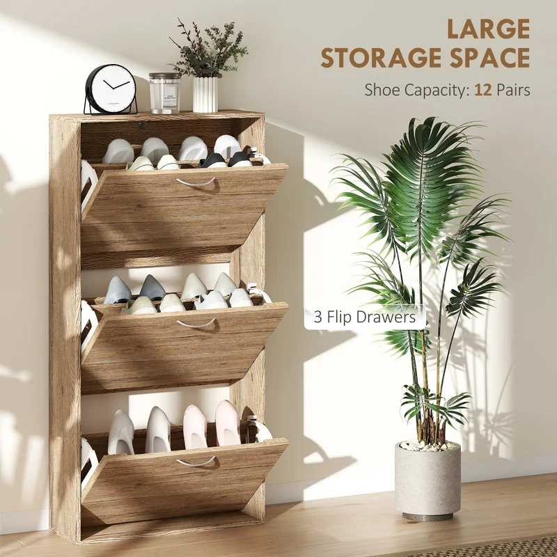 Shoe Storage Cabinet, 3 Flip Drawers, 12 Pair Organizer, Oak