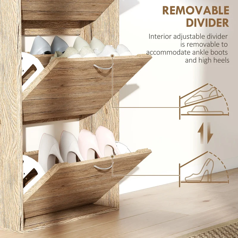 Shoe Storage Cabinet, 3 Flip Drawers, 12 Pair Organizer, Oak