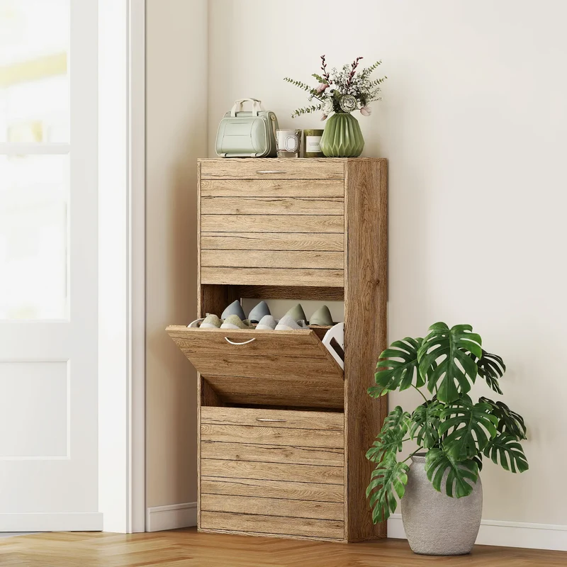 Shoe Storage Cabinet, 3 Flip Drawers, 12 Pair Organizer, Oak