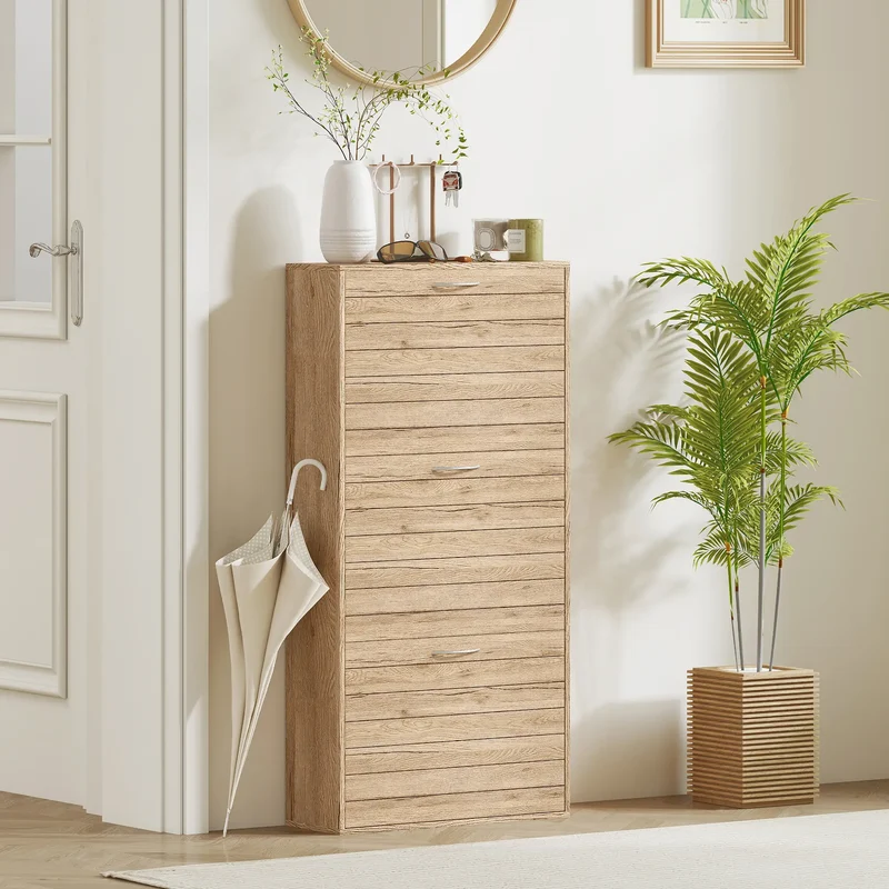 Shoe Storage Cabinet, 3 Flip Drawers, 12 Pair Organizer, Oak
