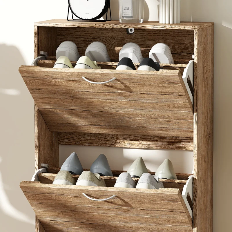 Shoe Storage Cabinet, 3 Flip Drawers, 12 Pair Organizer, Oak