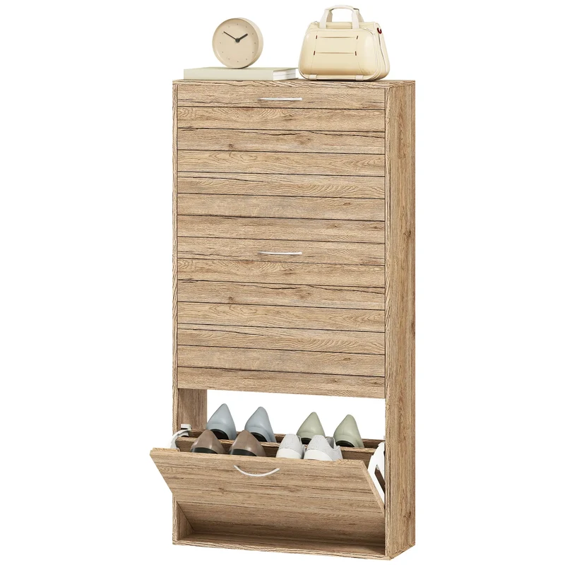 Shoe Storage Cabinet, 3 Flip Drawers, 12 Pair Organizer, Oak