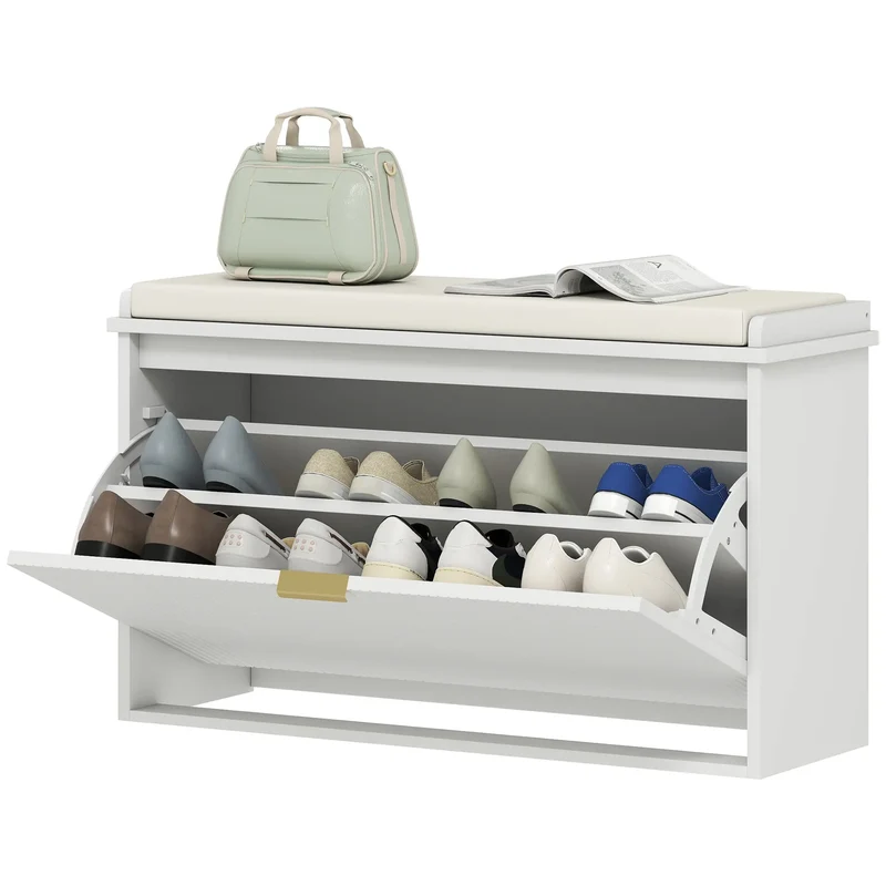 Entryway Bench with Padded Seat, Flip-Drawers, Holds 265lbs, Shoe Storage for 8 Pairs, White