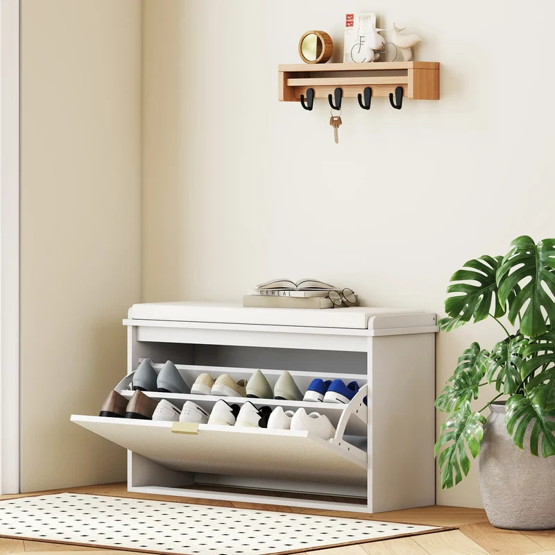 Entryway Bench with Padded Seat, Flip-Drawers, Holds 265lbs, Shoe Storage for 8 Pairs, White