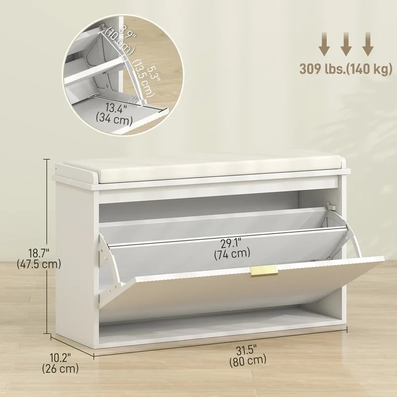 Entryway Bench with Padded Seat, Flip-Drawers, Holds 265lbs, Shoe Storage for 8 Pairs, White