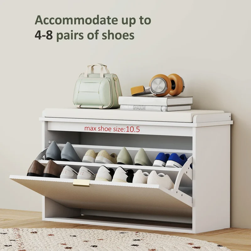 Entryway Bench with Padded Seat, Flip-Drawers, Holds 265lbs, Shoe Storage for 8 Pairs, White