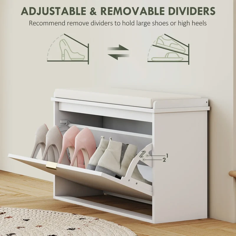 Entryway Bench with Padded Seat, Flip-Drawers, Holds 265lbs, Shoe Storage for 8 Pairs, White