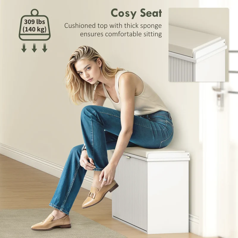 Entryway Bench with Padded Seat, Flip-Drawers, Holds 265lbs, Shoe Storage for 8 Pairs, White