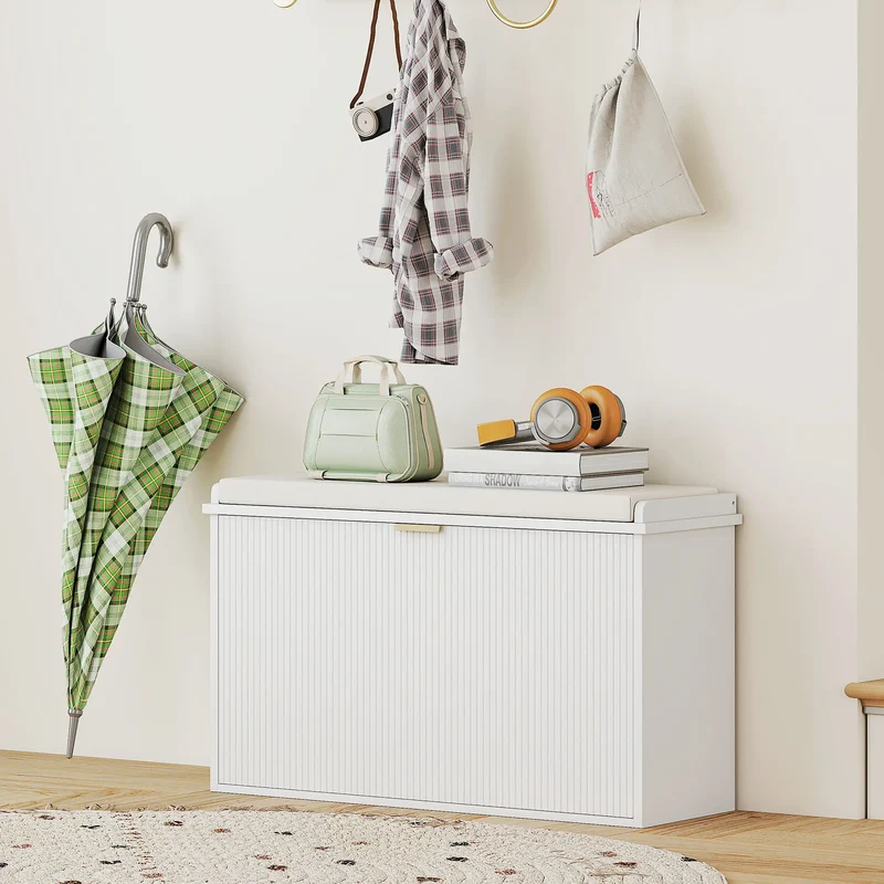 Entryway Bench with Padded Seat, Flip-Drawers, Holds 265lbs, Shoe Storage for 8 Pairs, White