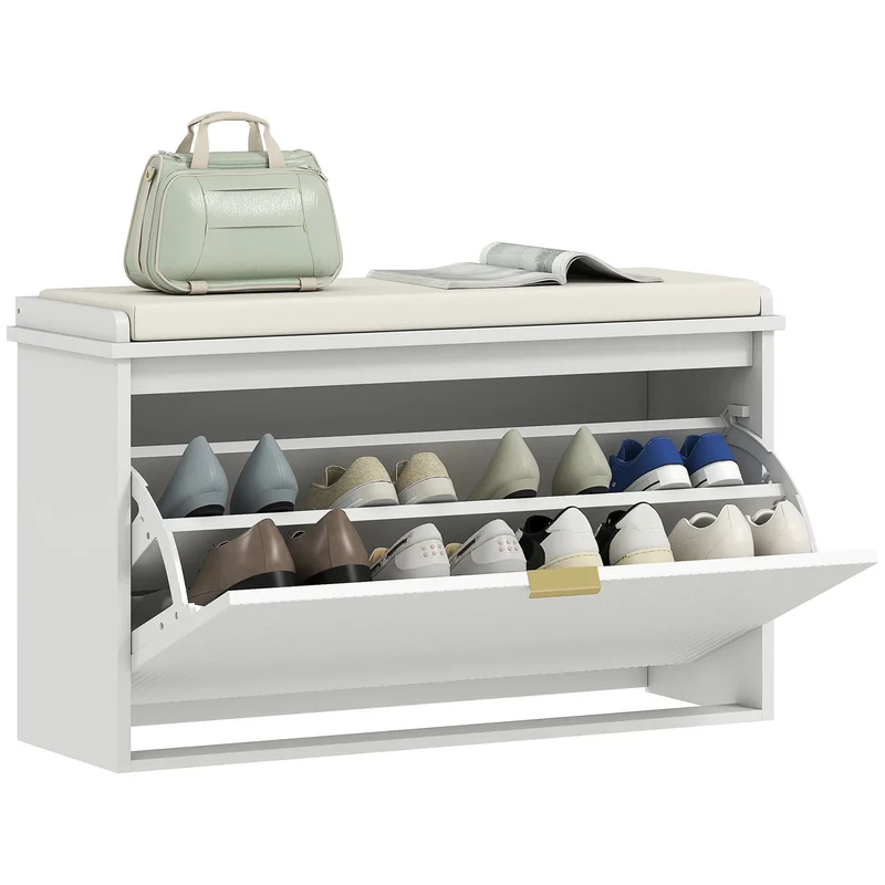 Entryway Bench with Padded Seat, Flip-Drawers, Holds 265lbs, Shoe Storage for 8 Pairs, White