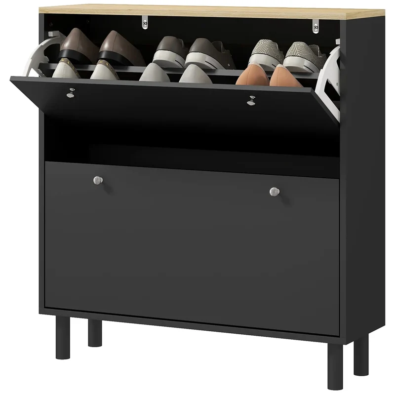 2 Drawers Shoe Storage Cabinet, Adjustable Shelves, 16 Pairs, Black