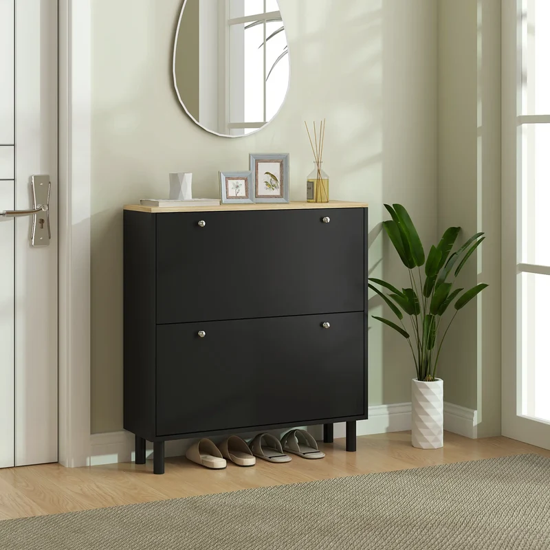 2 Drawers Shoe Storage Cabinet, Adjustable Shelves, 16 Pairs, Black