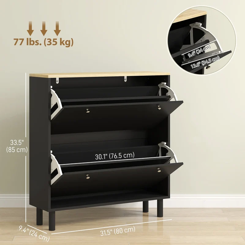 2 Drawers Shoe Storage Cabinet, Adjustable Shelves, 16 Pairs, Black