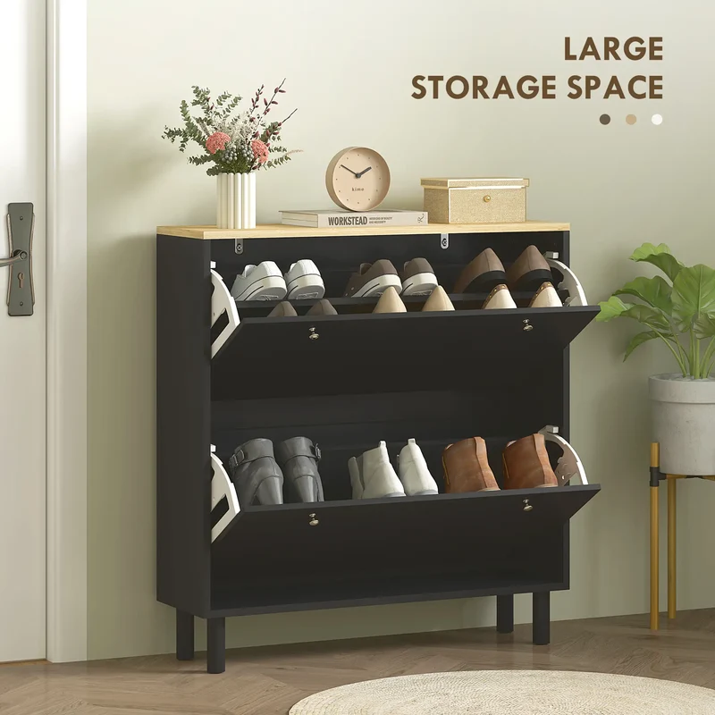 2 Drawers Shoe Storage Cabinet, Adjustable Shelves, 16 Pairs, Black
