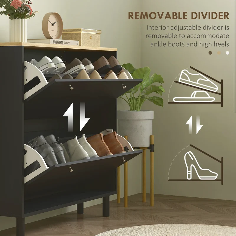 2 Drawers Shoe Storage Cabinet, Adjustable Shelves, 16 Pairs, Black
